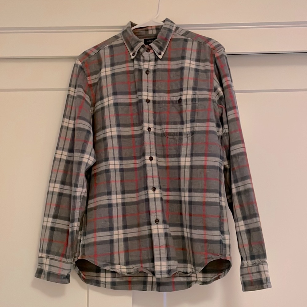 J Crew Grey Plaid Flannel with elbow pads, mens medium
